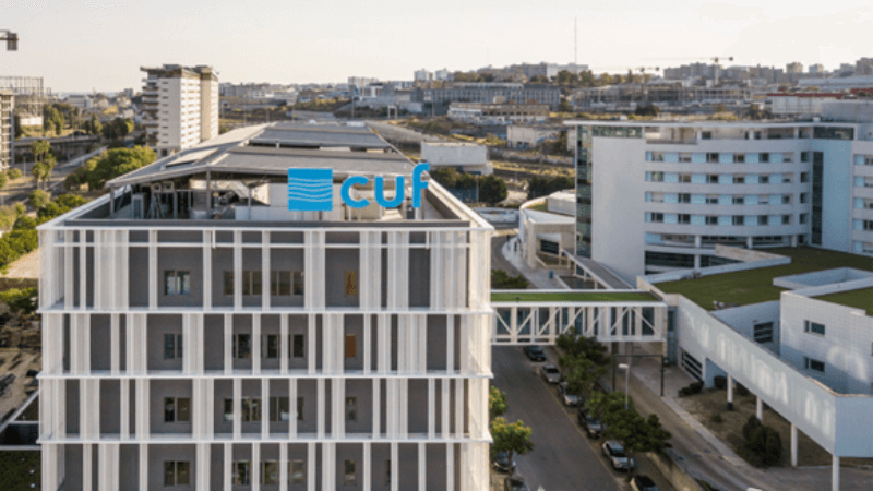 Exterior view of CUF hospital building in Lisbon, Portugal.